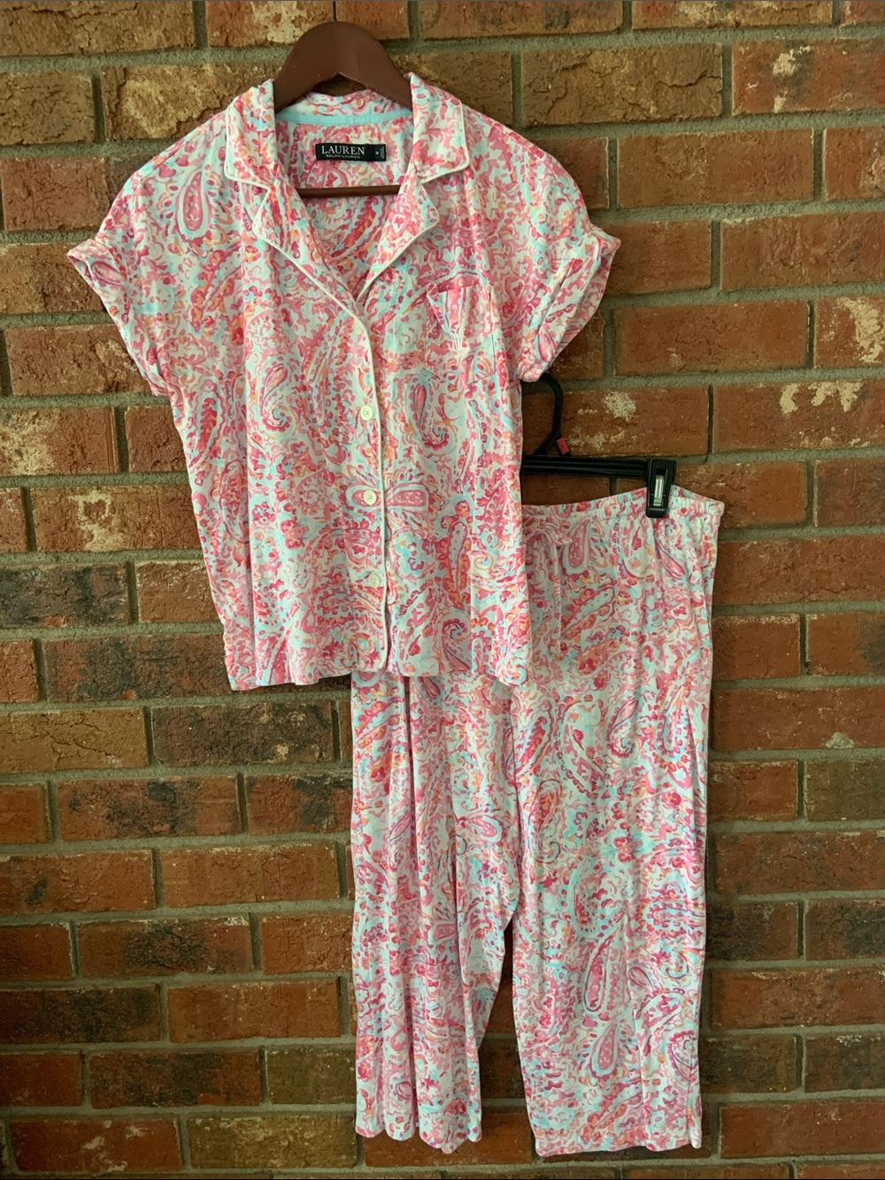 Lauren Ralph Lauren Pink Blue Paisley Monogram Pajama Set